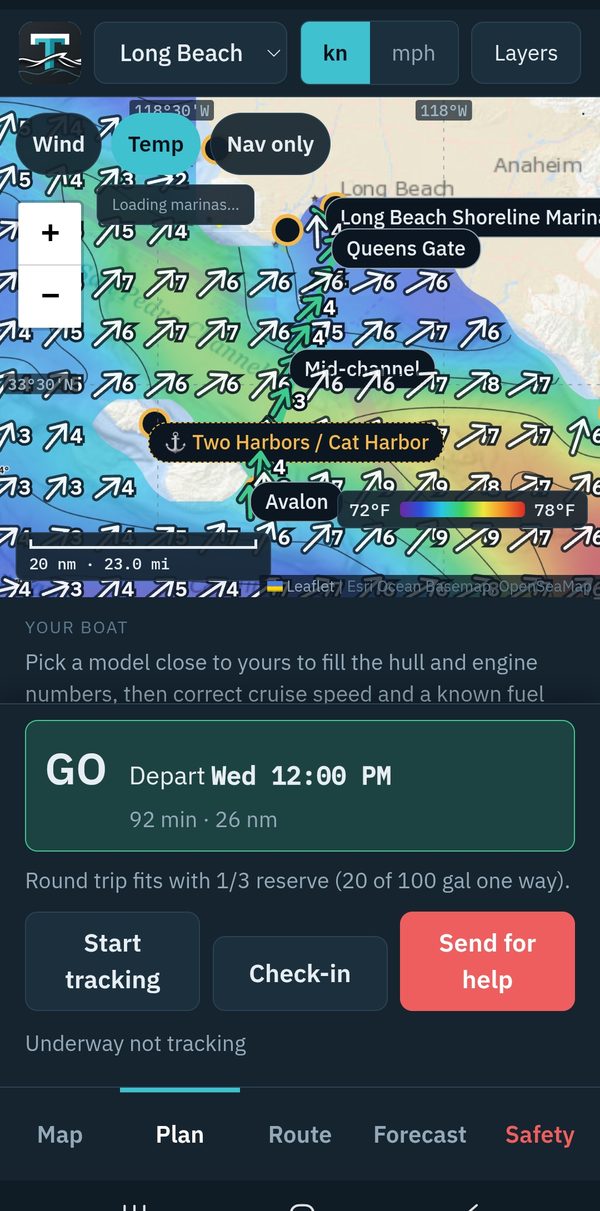 Tidelync on a phone: water temperature field and wind across the San Pedro Channel to Catalina