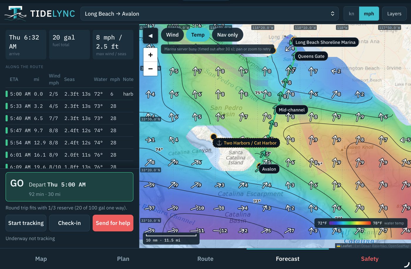Tidelync on an iPad: Long Beach to Avalon graded GO, with wind, water temperature and the ETA table